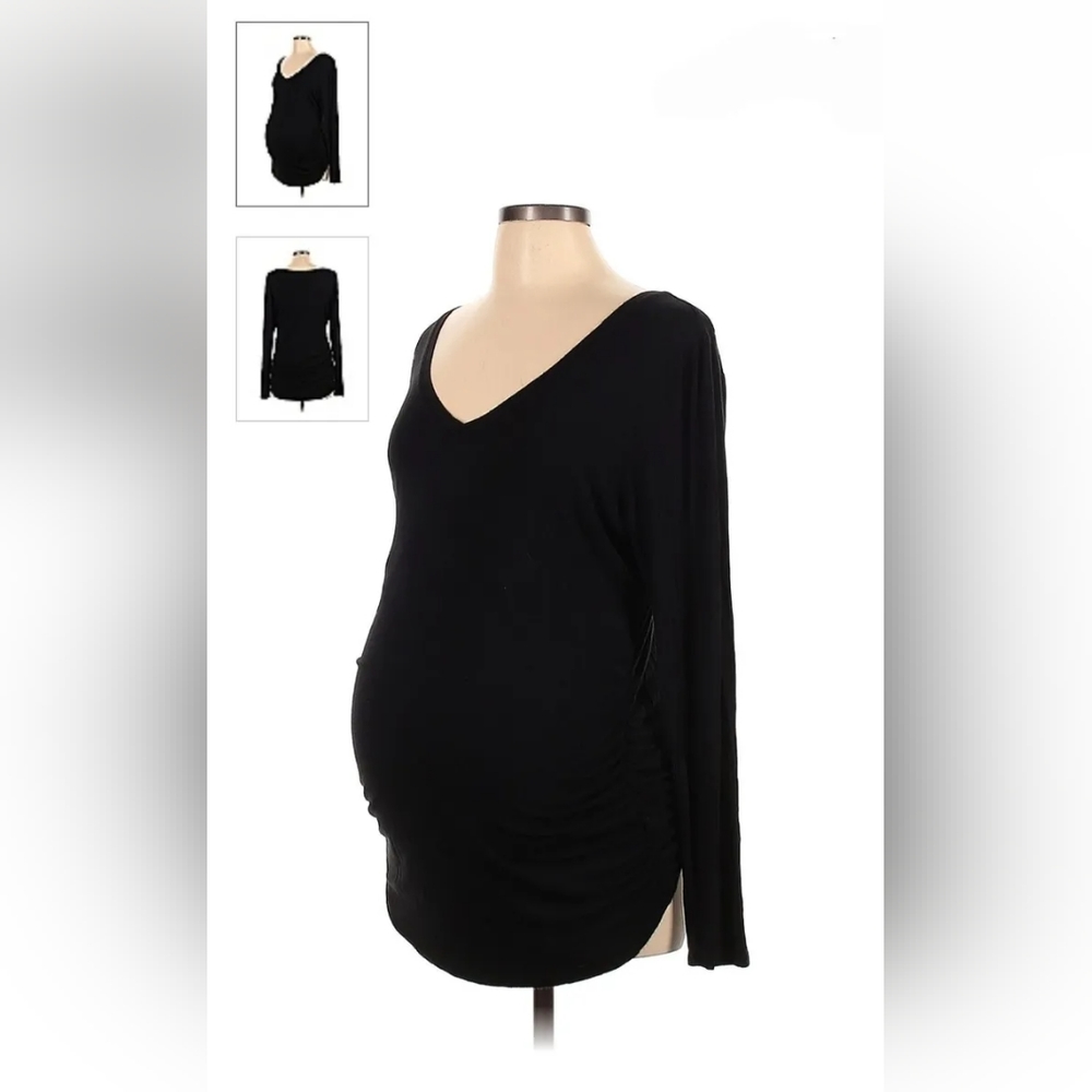 Motherhood Maternity Black Long Sleeve Ruched Sides Vneck Tshirt Women Sz…